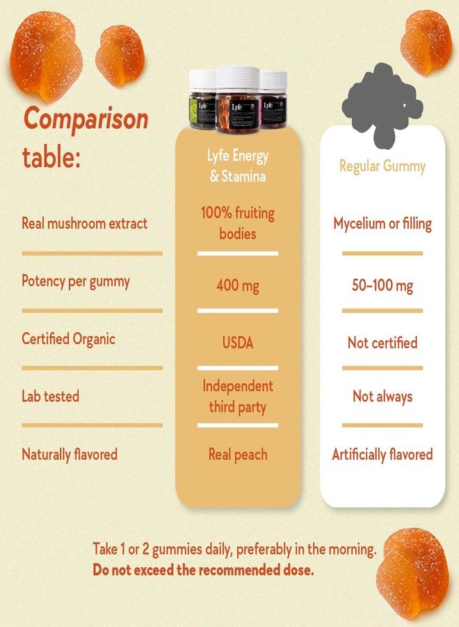 ليف علكات الفطر الوظيفية من لايف، بنكهة الخوخ (40 قطعة) - مكمل غذائي عضوي من الفطر للطاقة الطبيعية والقدرة على التحمل والتركيز - علكات نباتية خالية من الغلوتين، تُؤكل يوميًا لتعزيز الحيوية ودعم المناعة - Image 5